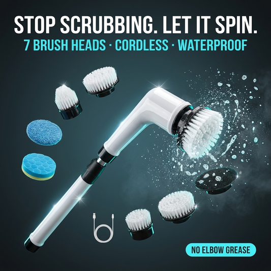 Hero: cordless electric spin scrubber with 7 brush heads, waterproof