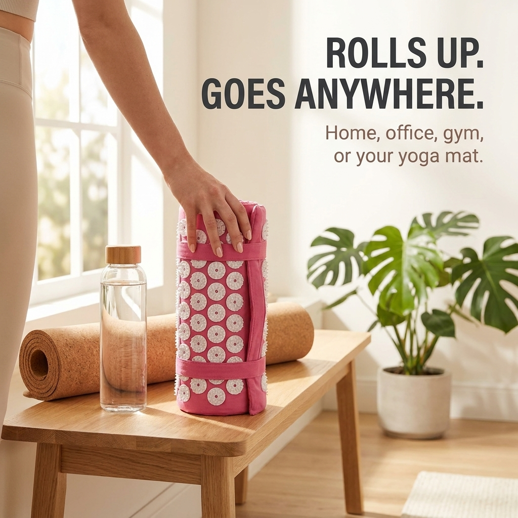 Lifestyle: acupressure mat rolled up for travel to home, office, gym or yoga