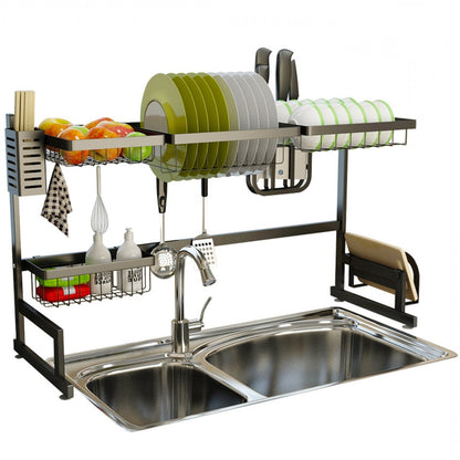 Dish Drying Rack Over Sink - 2 Tier Stainless Steel Rack with Utensil Holder