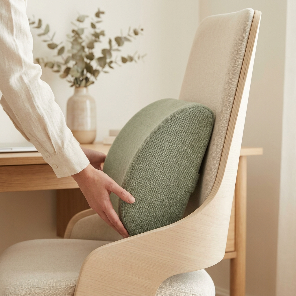 Hands placing a memory foam lumbar cushion on an office chair in a bright home office