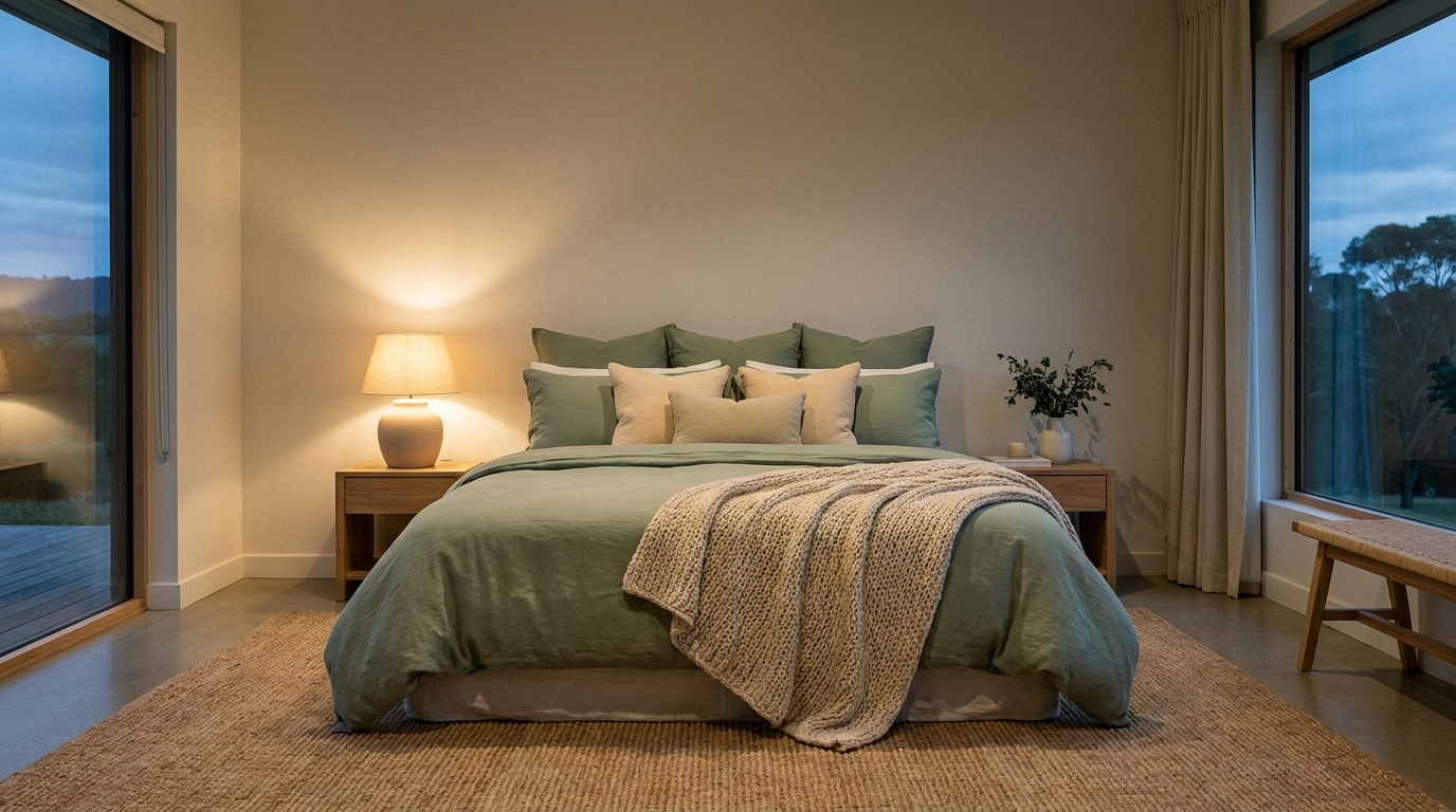 Peaceful minimalist bedroom at dusk with supportive pillows and warm lamp light