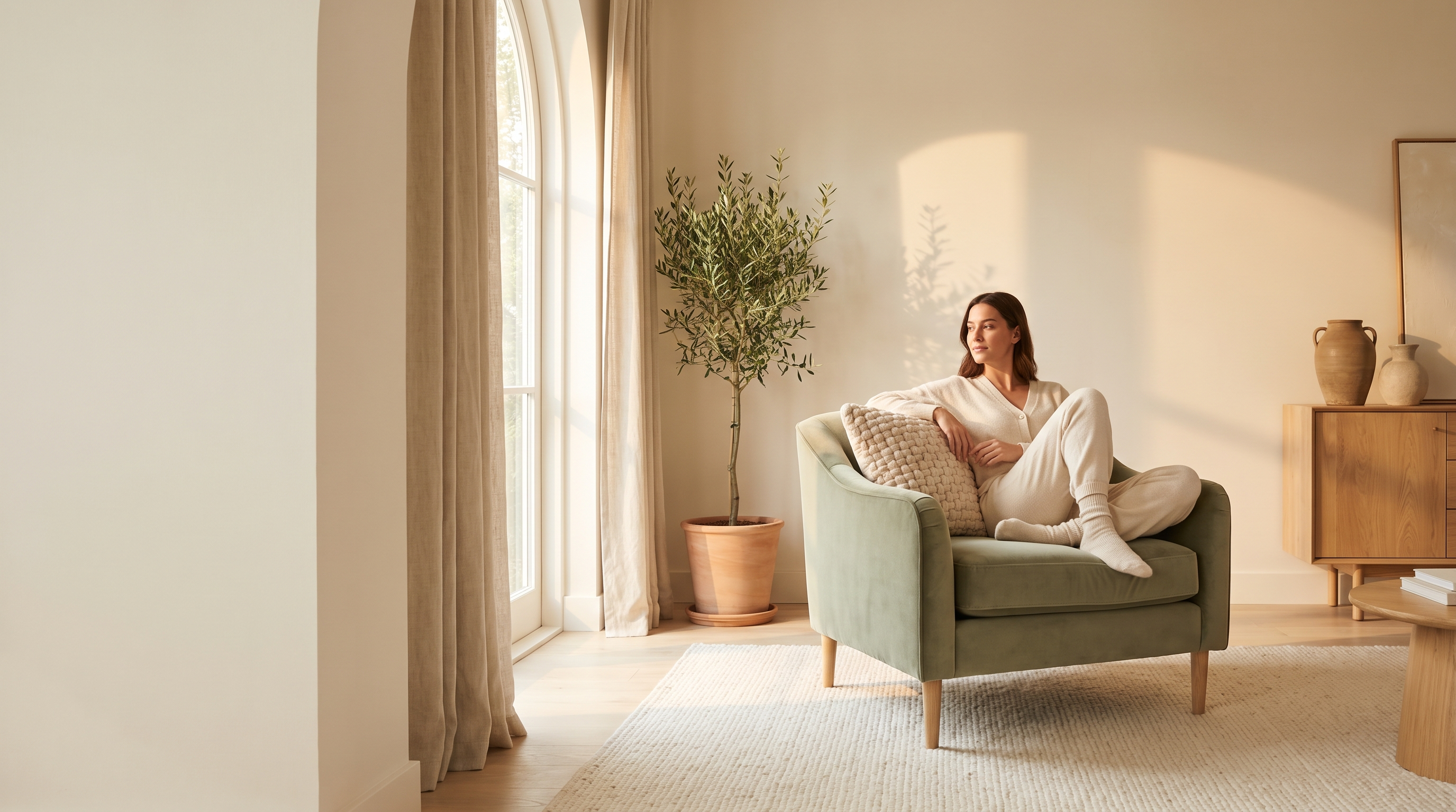 Woman resting comfortably in a sage armchair with a supportive cushion in a warm minimal living room