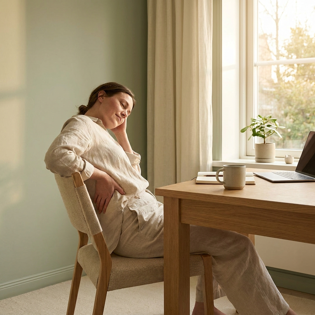 Person at a home office desk pressing a hand to their lower back after a long day