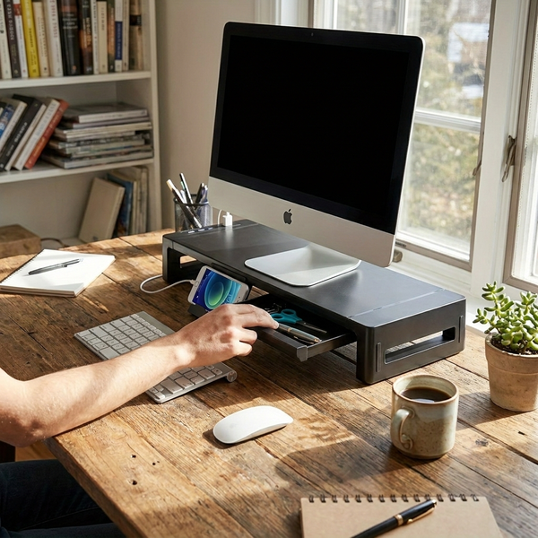Monitor Stand Riser - Height Adjustable Desk Riser with Storage Drawer