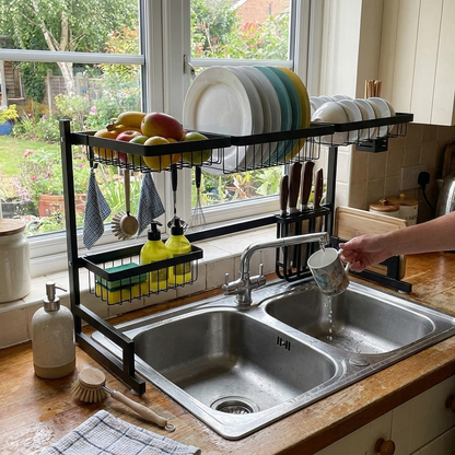Dish Drying Rack Over Sink - 2 Tier Stainless Steel Rack with Utensil Holder