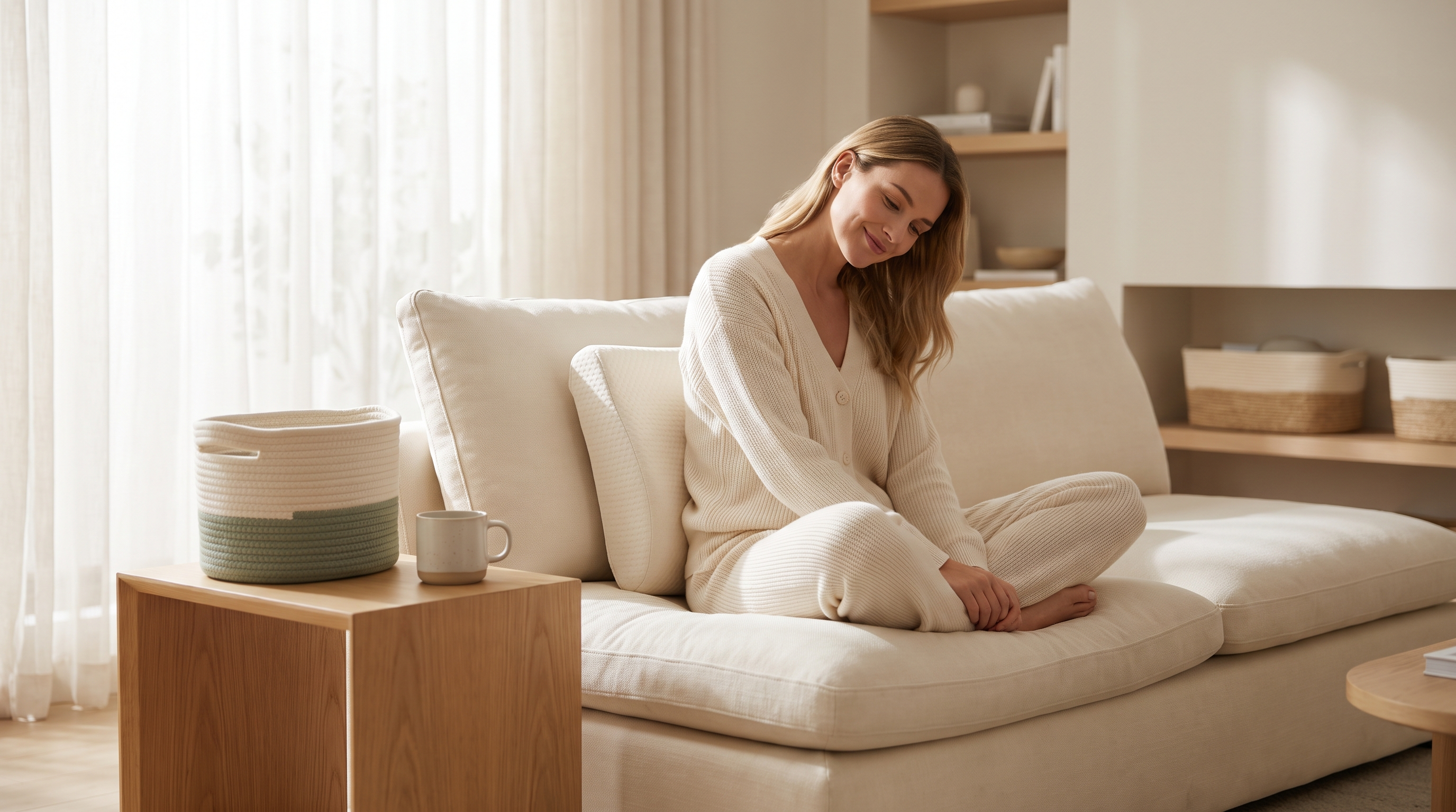 FindWell homepage hero - relaxed customer with comfort cushion in calm modern living room