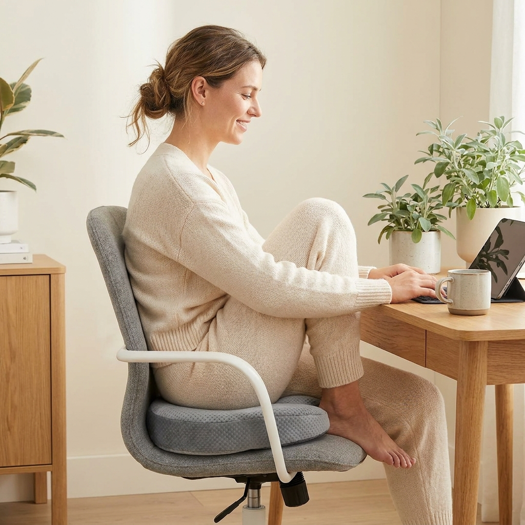 After: working comfortably on the donut seat cushion