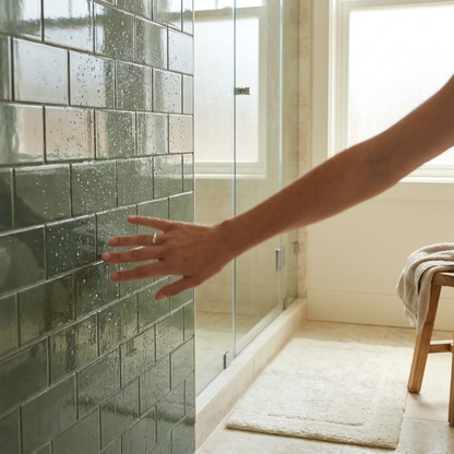 Before: wet tile offers nothing to hold onto