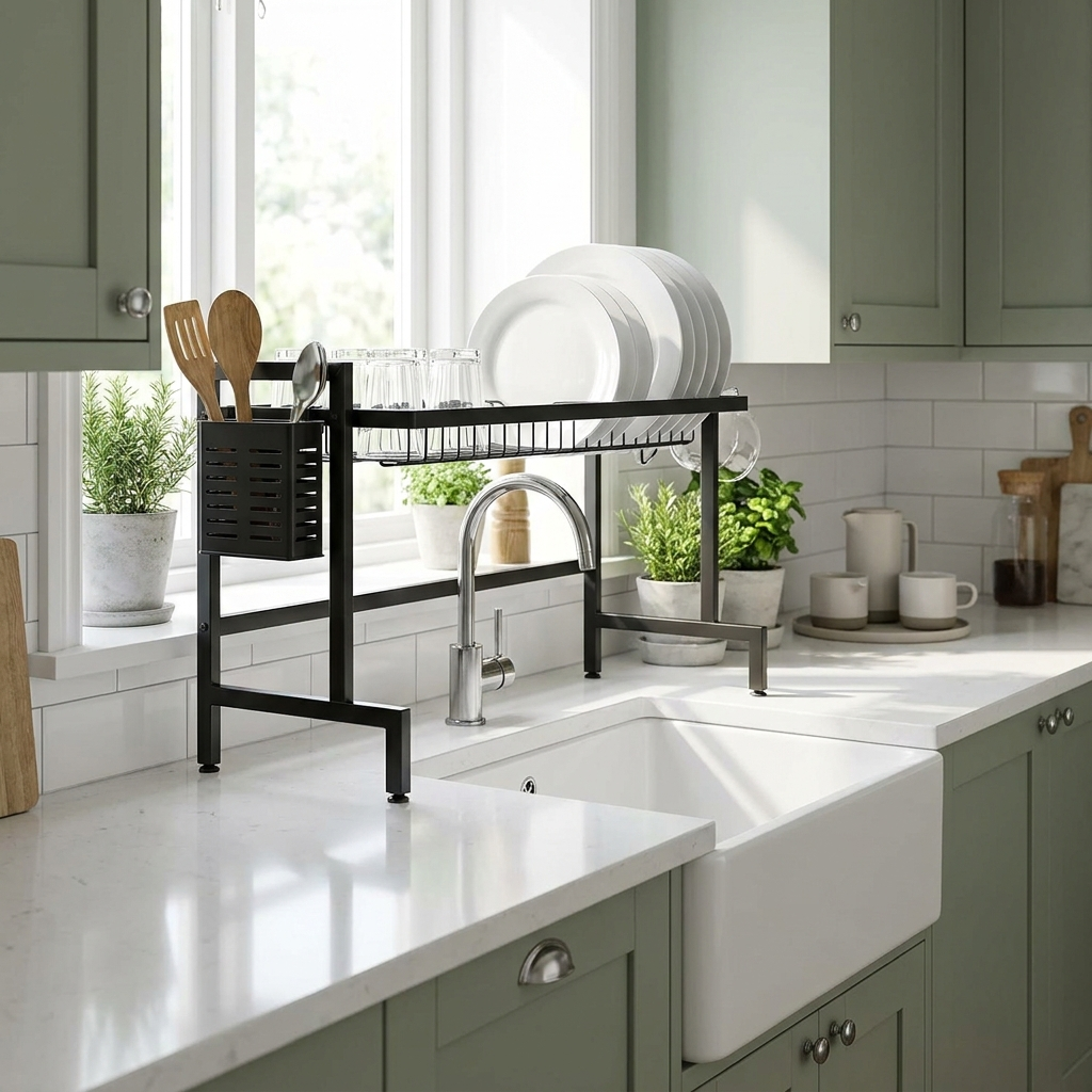 After: the over-sink rack keeps the counter clear