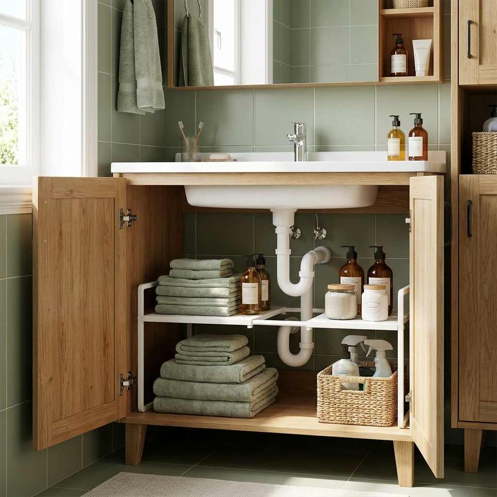After: adjustable shelves fit neatly around plumbing