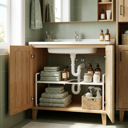 After: adjustable shelves fit neatly around plumbing