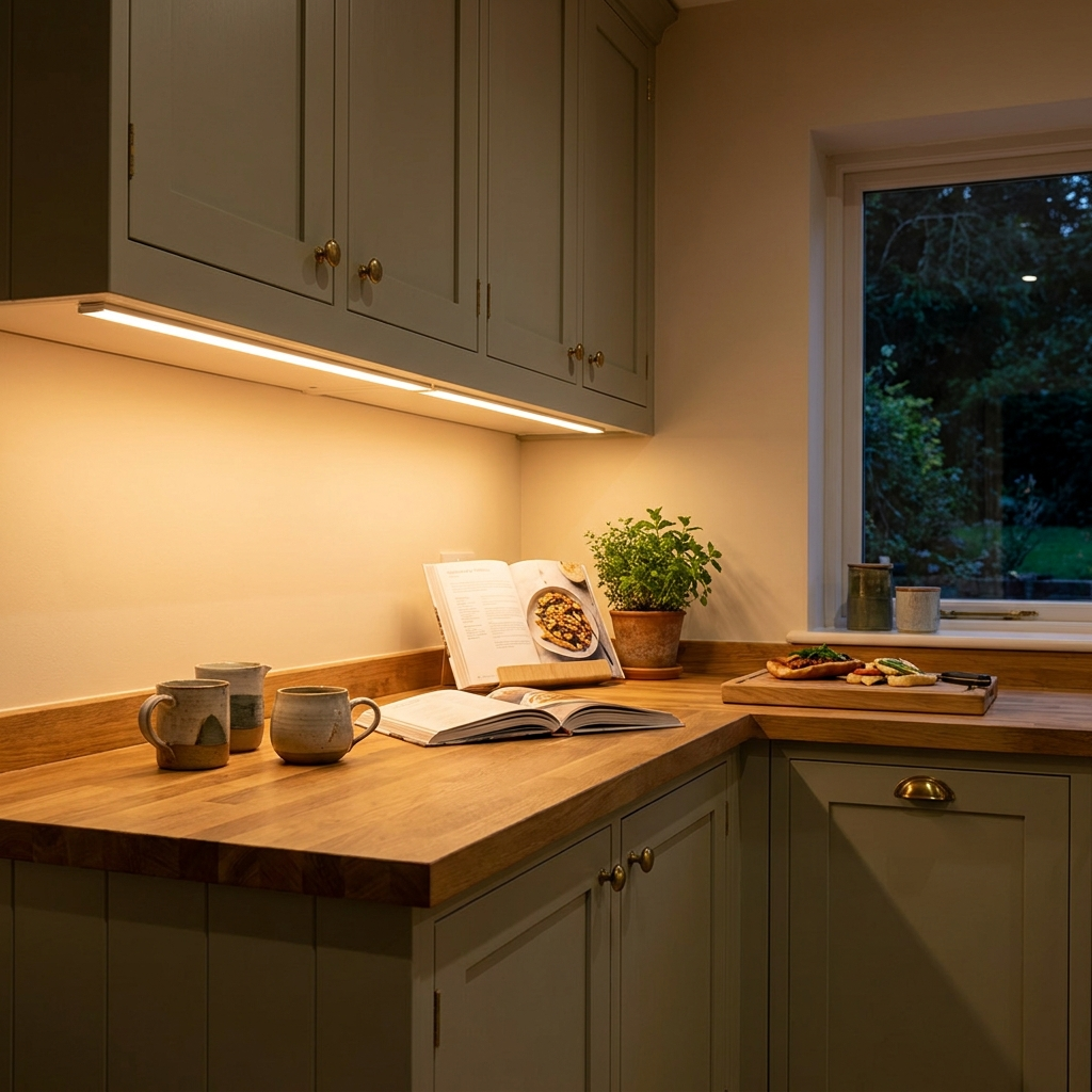 After: warm even light across the whole counter
