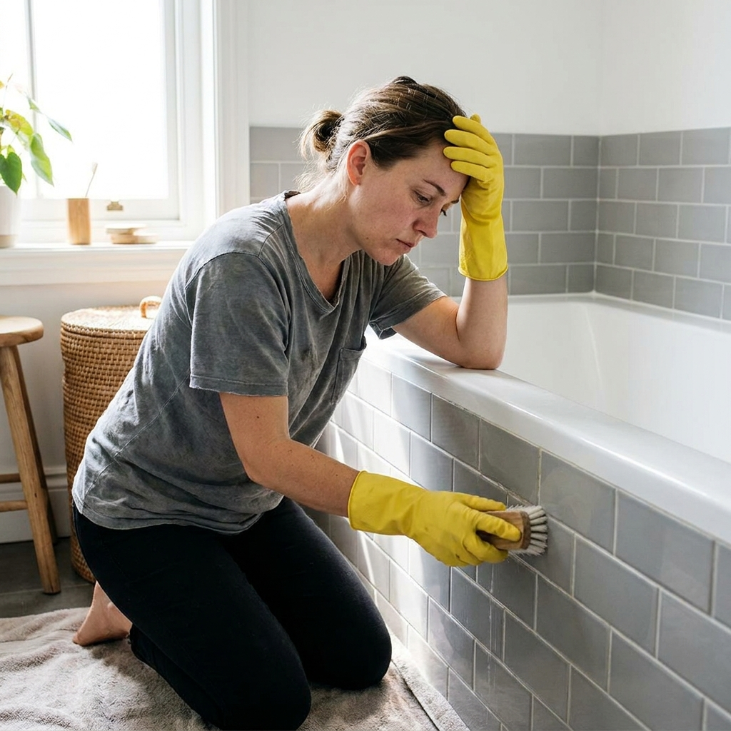 Before: scrubbing grout by hand is exhausting