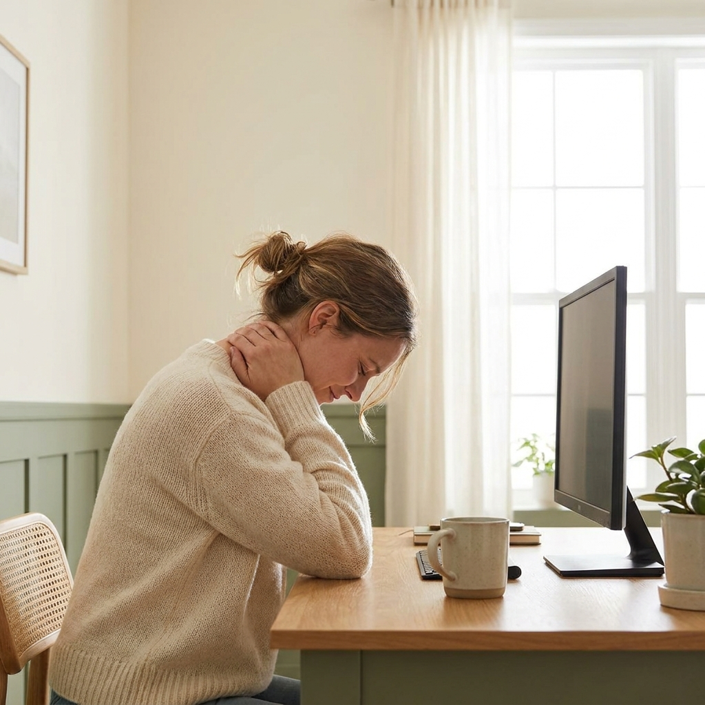 Before: a too-low monitor pulls your neck down all day