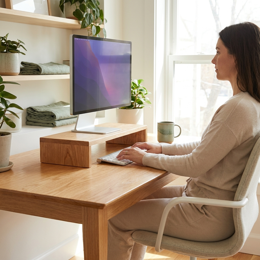 After: eye-level screen, natural upright posture
