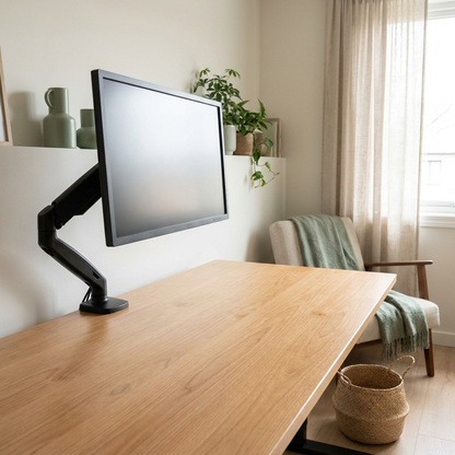 After: a floating monitor frees the whole desk