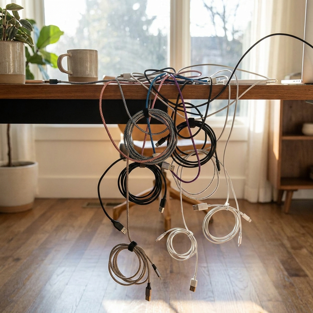Before: the cable tangle behind every desk