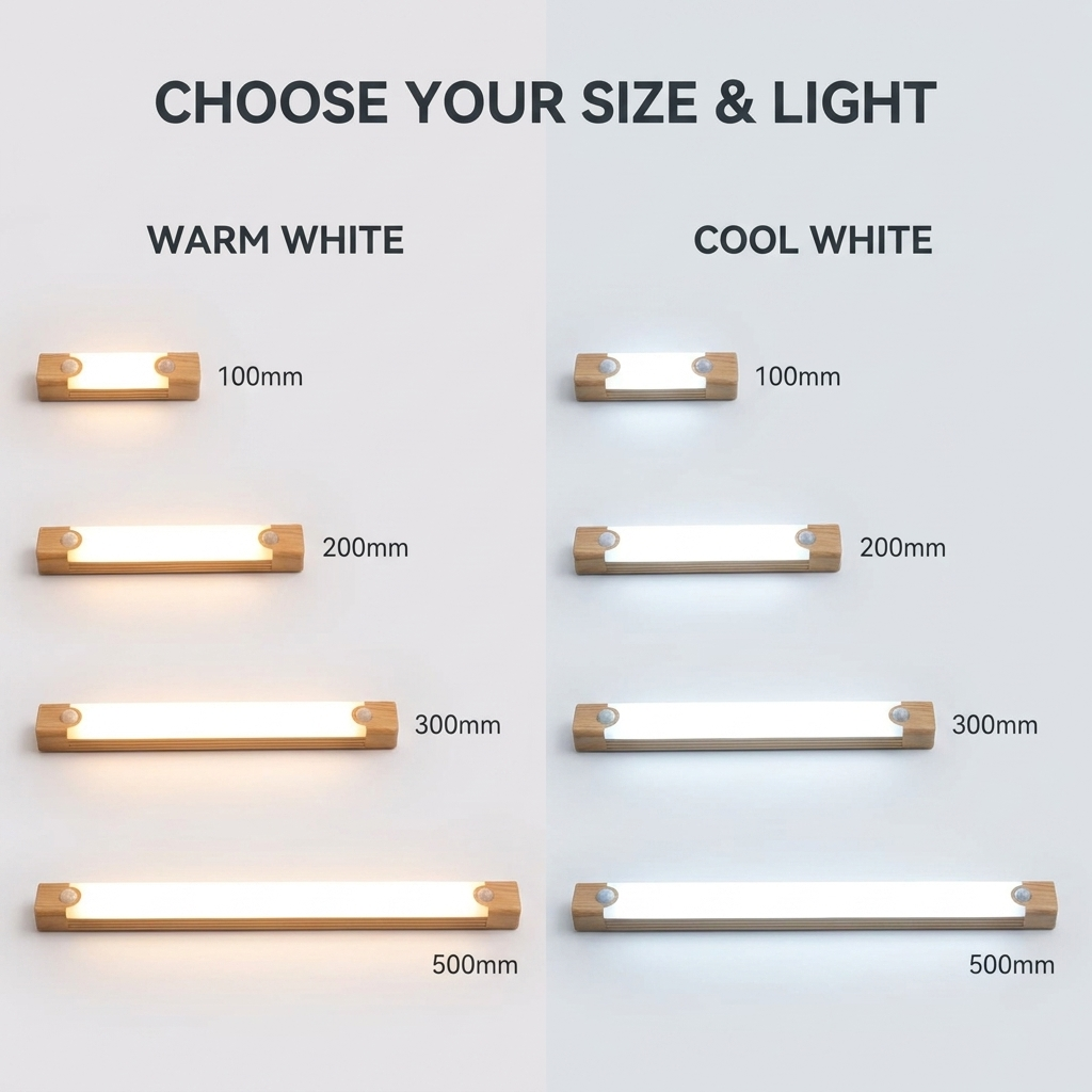 Variant overview: 100mm, 200mm, 300mm and 500mm lengths in warm white and cool white
