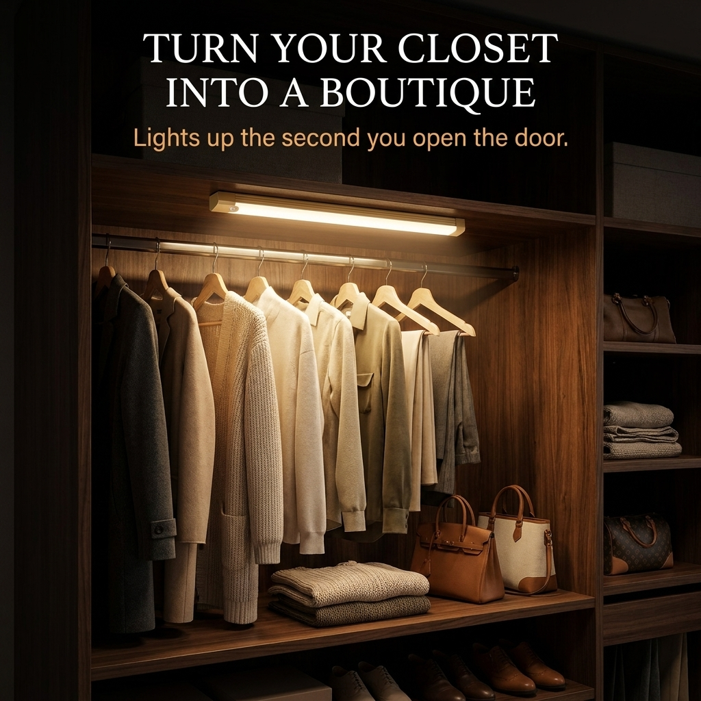 Lifestyle: LED light bar illuminating a wardrobe closet with warm light