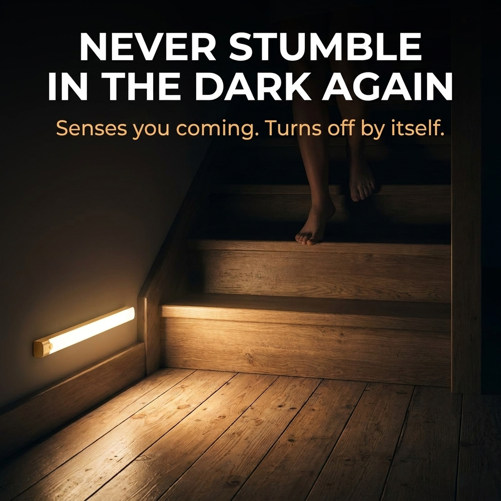 Lifestyle: motion sensor LED light illuminating stairs at night for safety