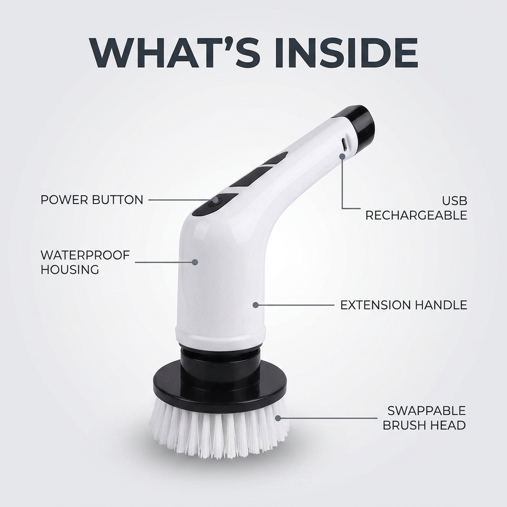 What's inside: power button, waterproof housing, extension handle, swappable brush head, USB rechargeable