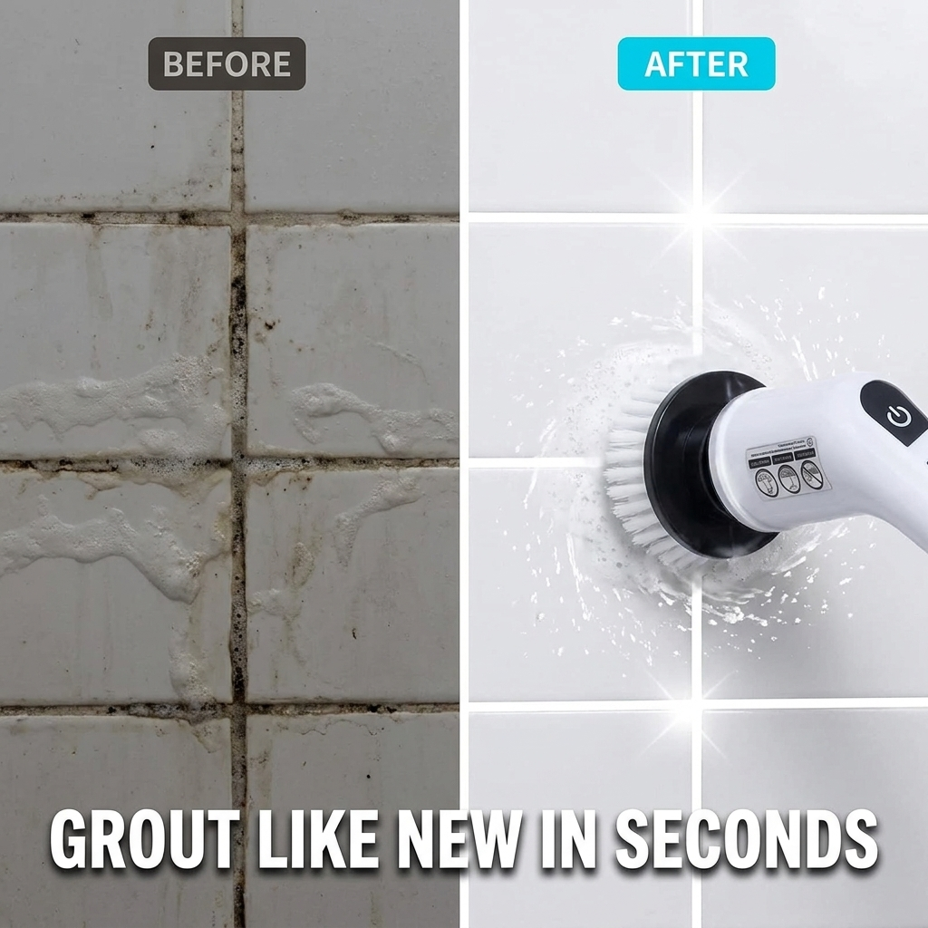 Before and after: dirty grout restored to clean white with the spin scrubber