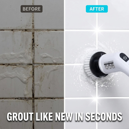 Before and after: dirty grout restored to clean white with the spin scrubber