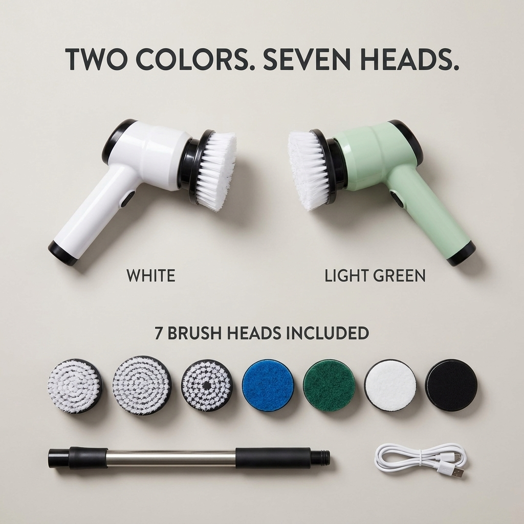 Variant overview: white and light green, with all 7 brush heads and extension handle