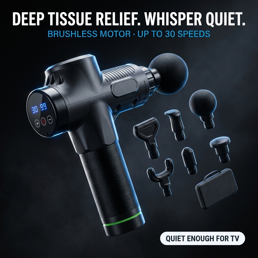 Hero: quiet deep tissue percussion massage gun with brushless motor and swappable heads