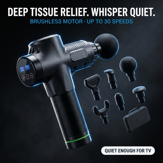 Hero: quiet deep tissue percussion massage gun with brushless motor and swappable heads