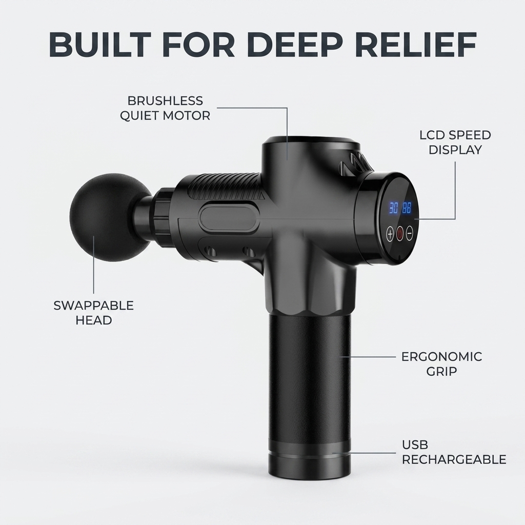 Built for deep relief: brushless quiet motor, LCD speed display, swappable head, ergonomic grip, USB rechargeable