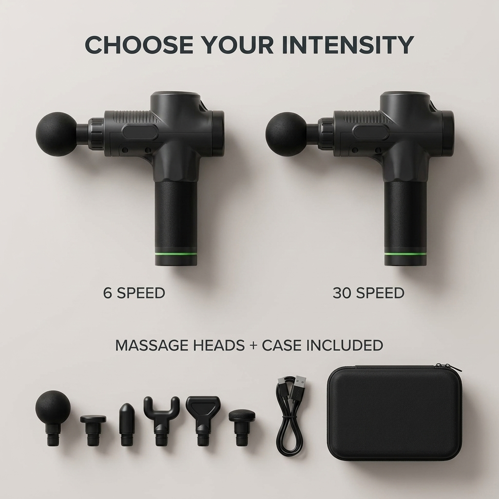 Variant overview: 6 speed and 30 speed models with massage heads and carry case
