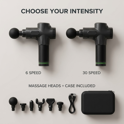 Variant overview: 6 speed and 30 speed models with massage heads and carry case