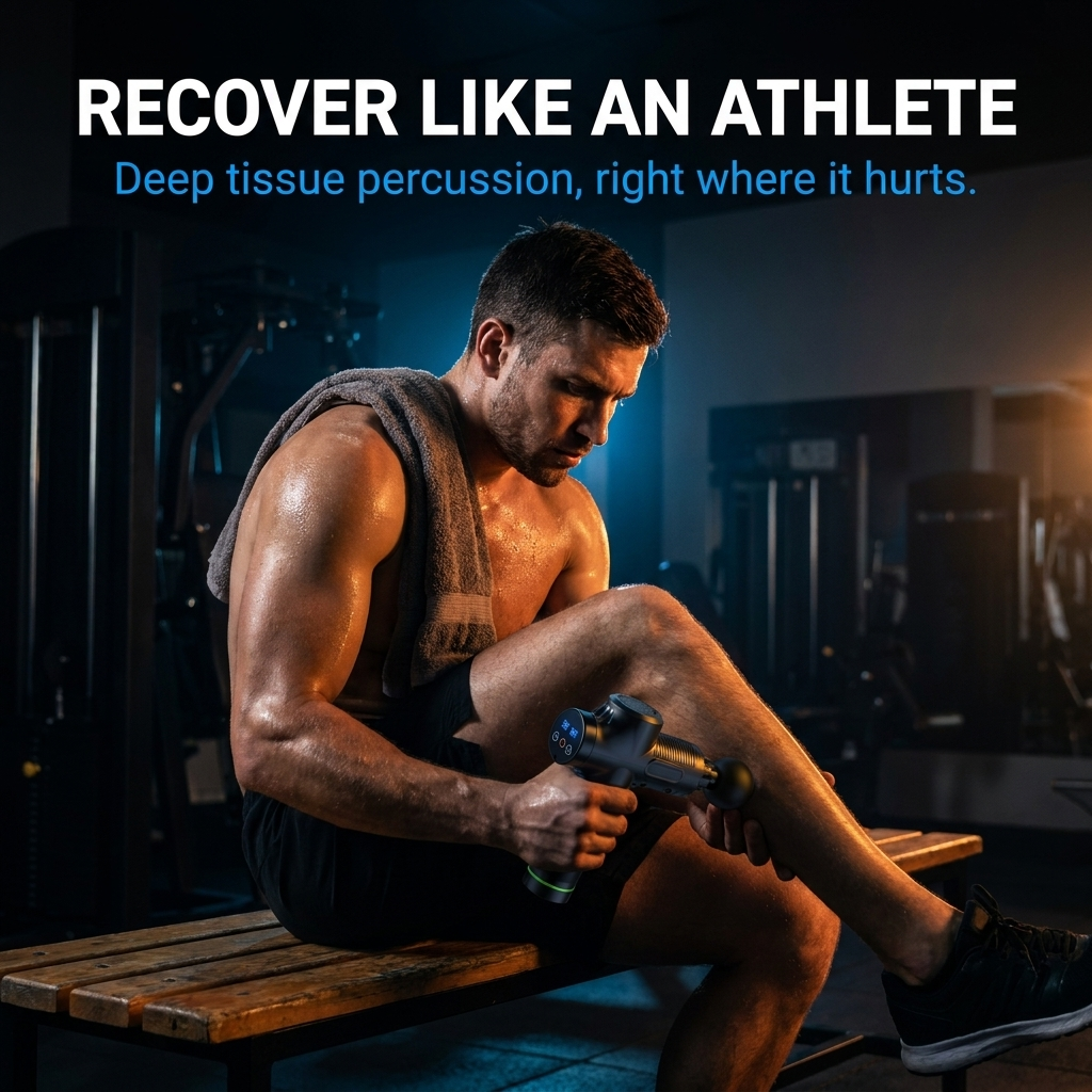 Lifestyle: athlete using the massage gun on calf muscles after a workout