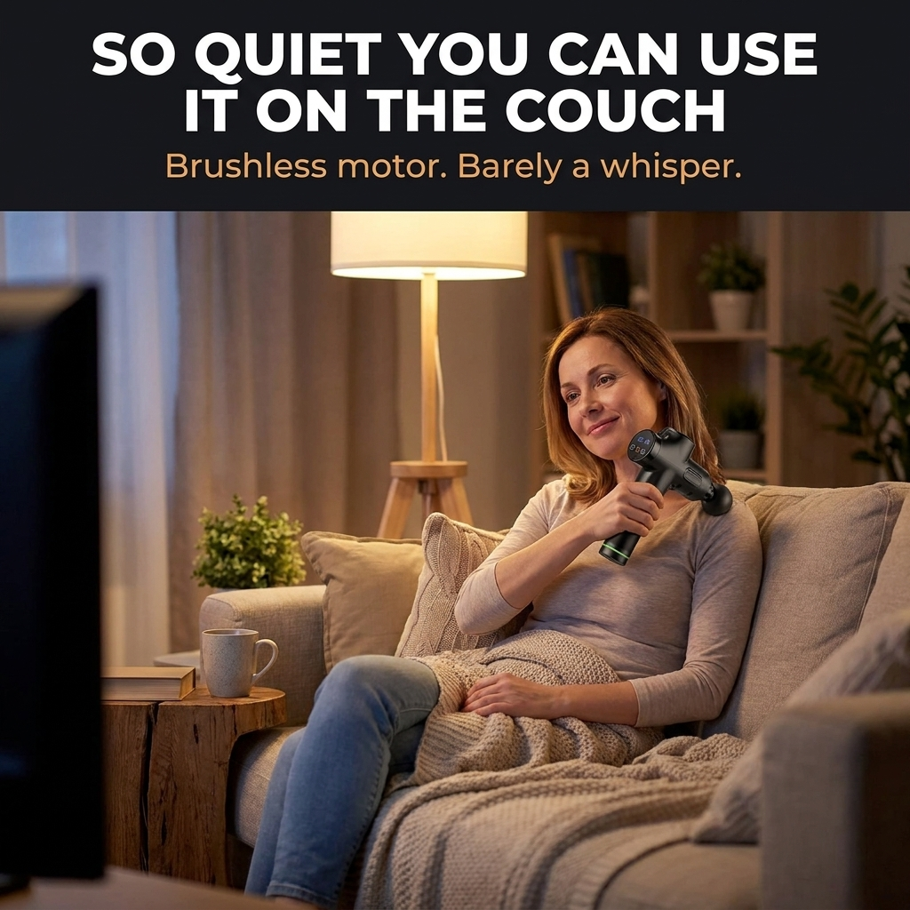 Lifestyle: using the quiet massage gun on the couch while watching TV
