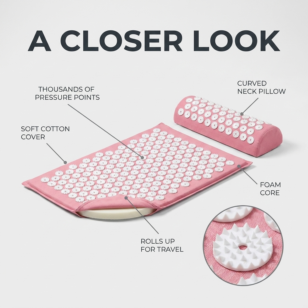 A closer look: pressure points, cotton cover, curved neck pillow, foam core, rolls up for travel