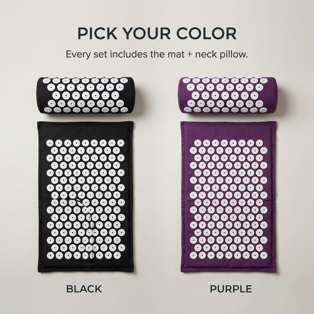 Variant overview: acupressure mat and pillow set in black and purple