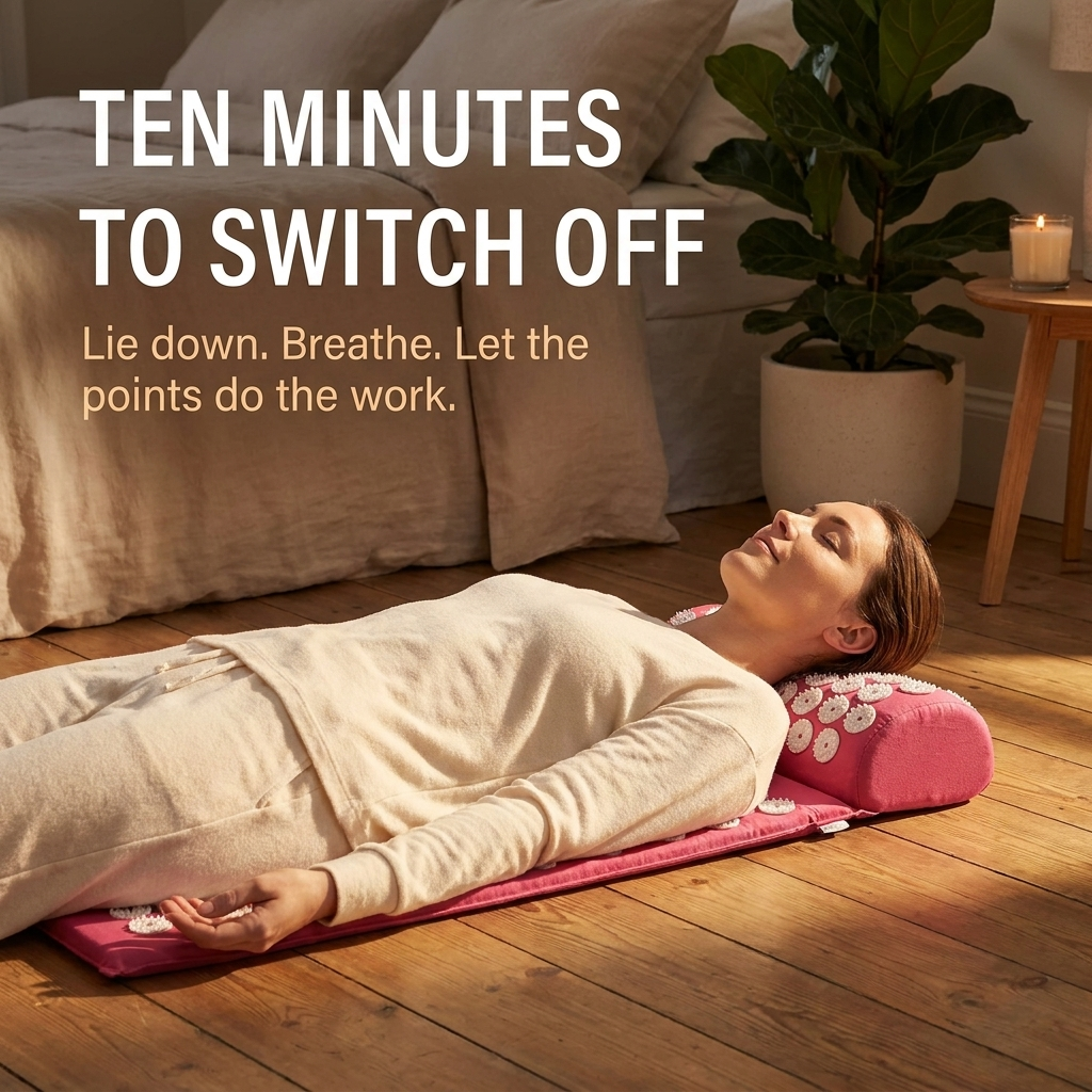 Lifestyle: relaxing on the acupressure mat and neck pillow at golden hour