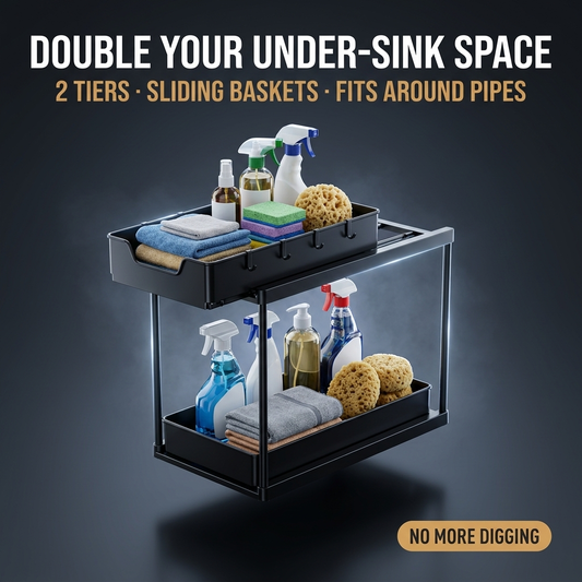 Hero: 2 tier sliding under sink organizer with pull-out baskets