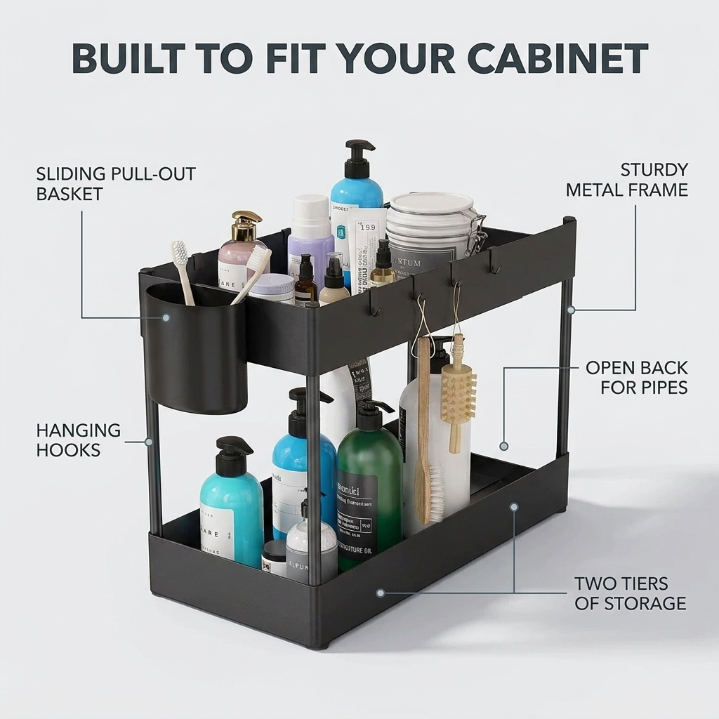 Built to fit your cabinet: sliding baskets, metal frame, open back for pipes, hanging hooks, two tiers