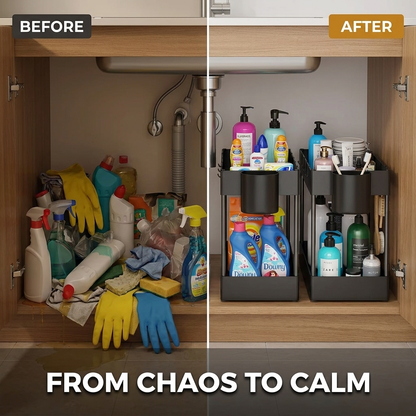 Before and after: cluttered under sink cabinet transformed into organized storage