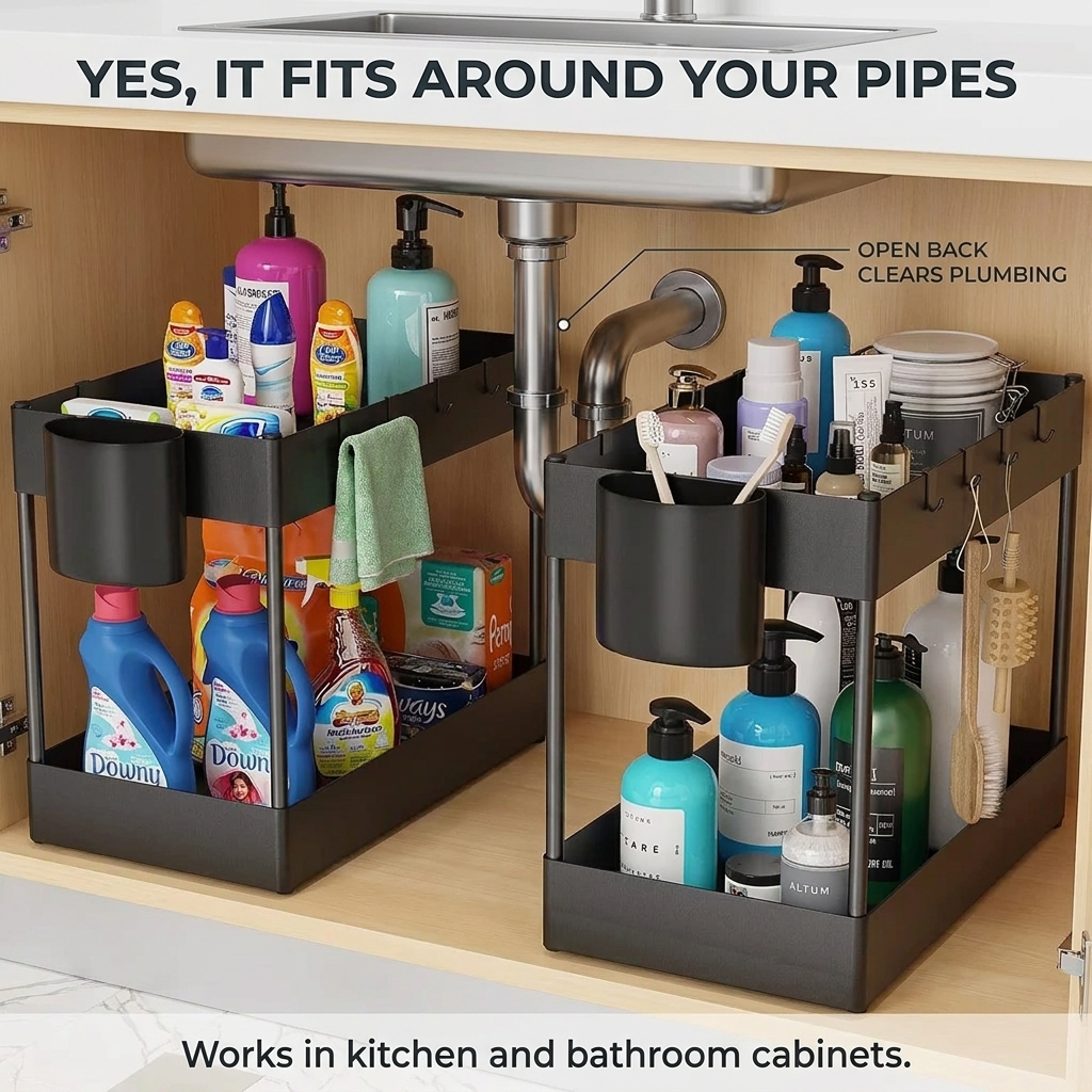 Fit demonstration: open back frame clears the drain plumbing