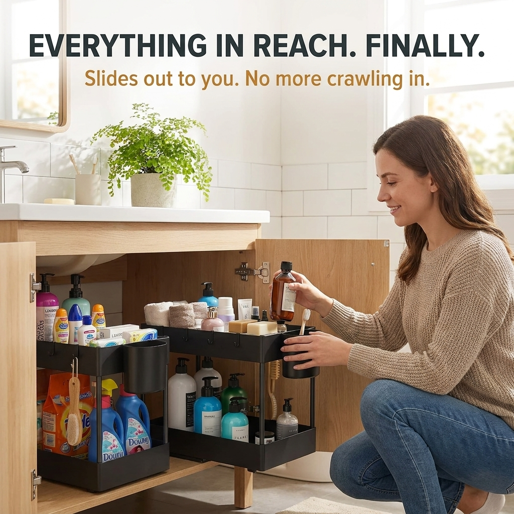Lifestyle: sliding out the organizer basket in a bathroom vanity cabinet