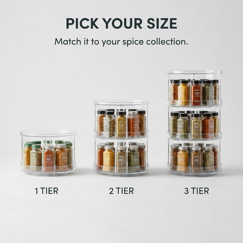 Variant overview: 1 tier, 2 tier and 3 tier rotating spice racks side by side