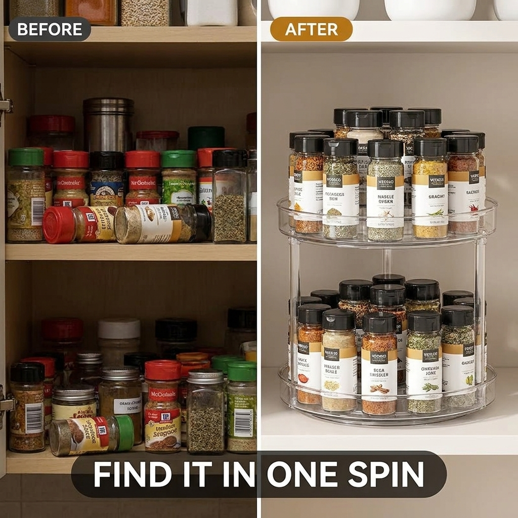Before and after: cluttered spice shelf organized with the rotating rack