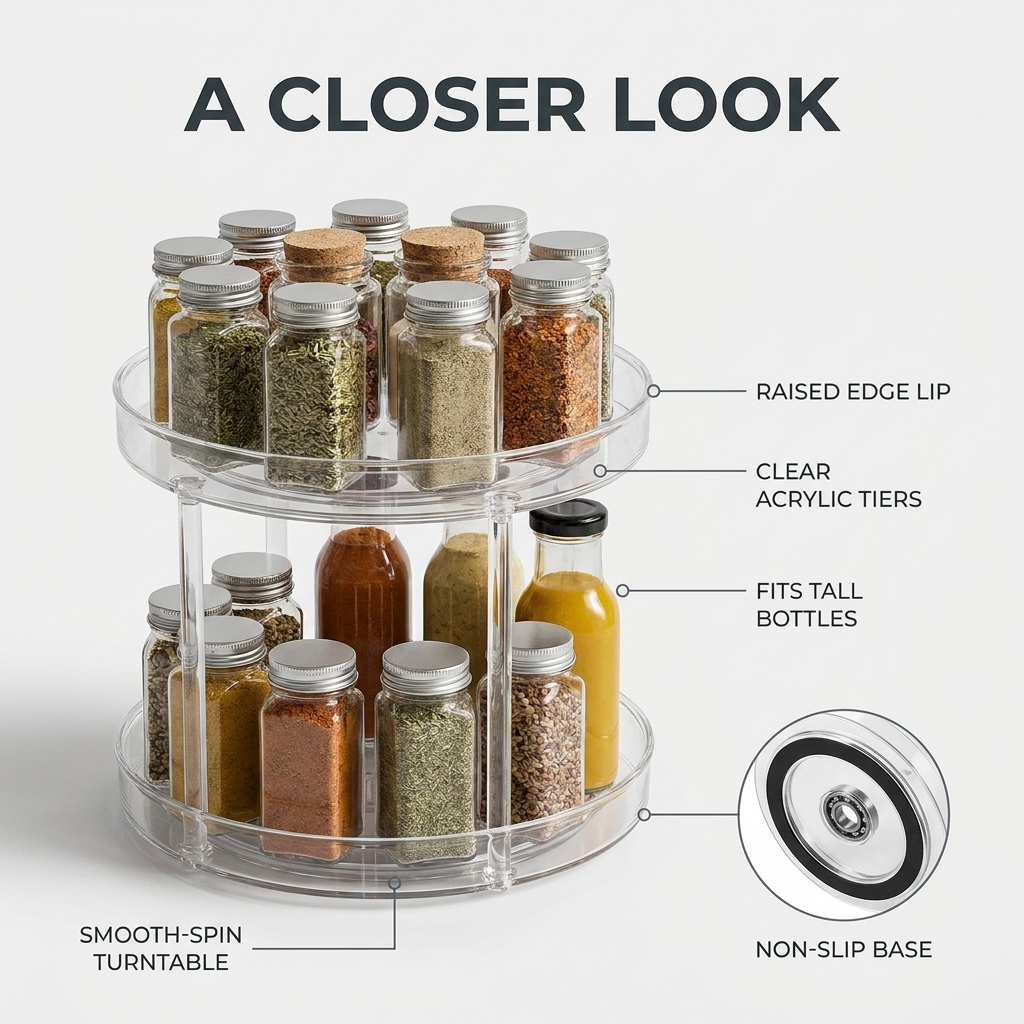 A closer look: smooth spin turntable, clear acrylic tiers, raised edge lip, non-slip base