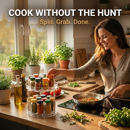 Lifestyle: spinning the spice rack while cooking in a warm modern kitchen