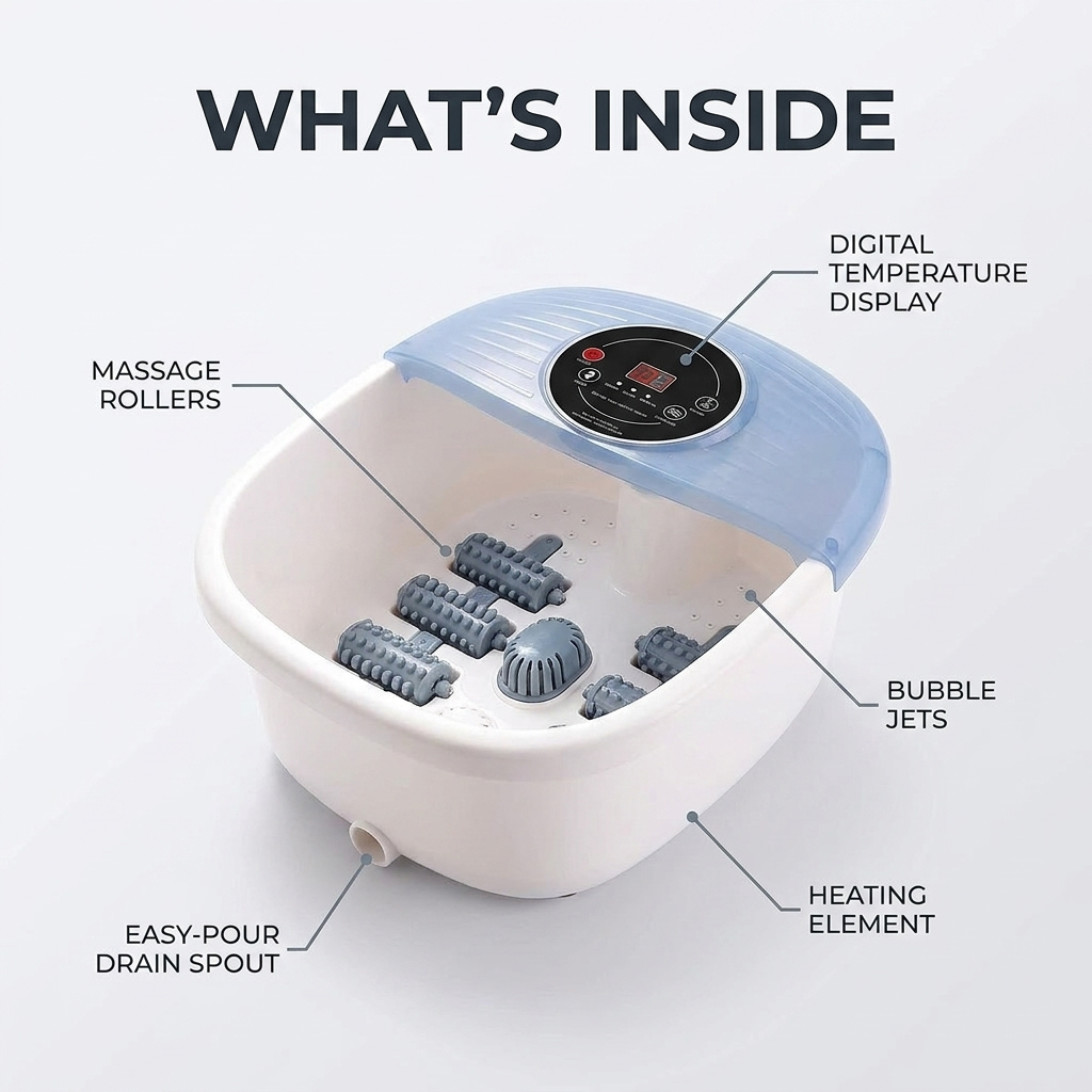 What's inside: digital temperature display, massage rollers, bubble jets, heating element, drain spout
