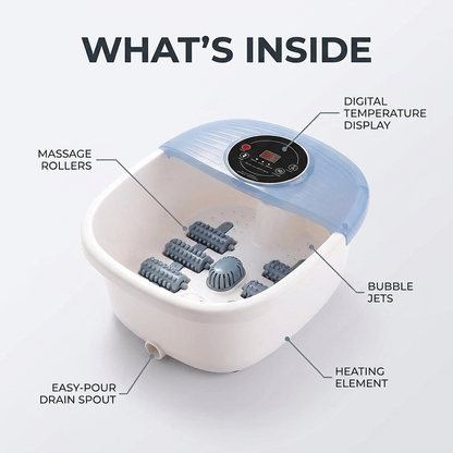 What's inside: digital temperature display, massage rollers, bubble jets, heating element, drain spout
