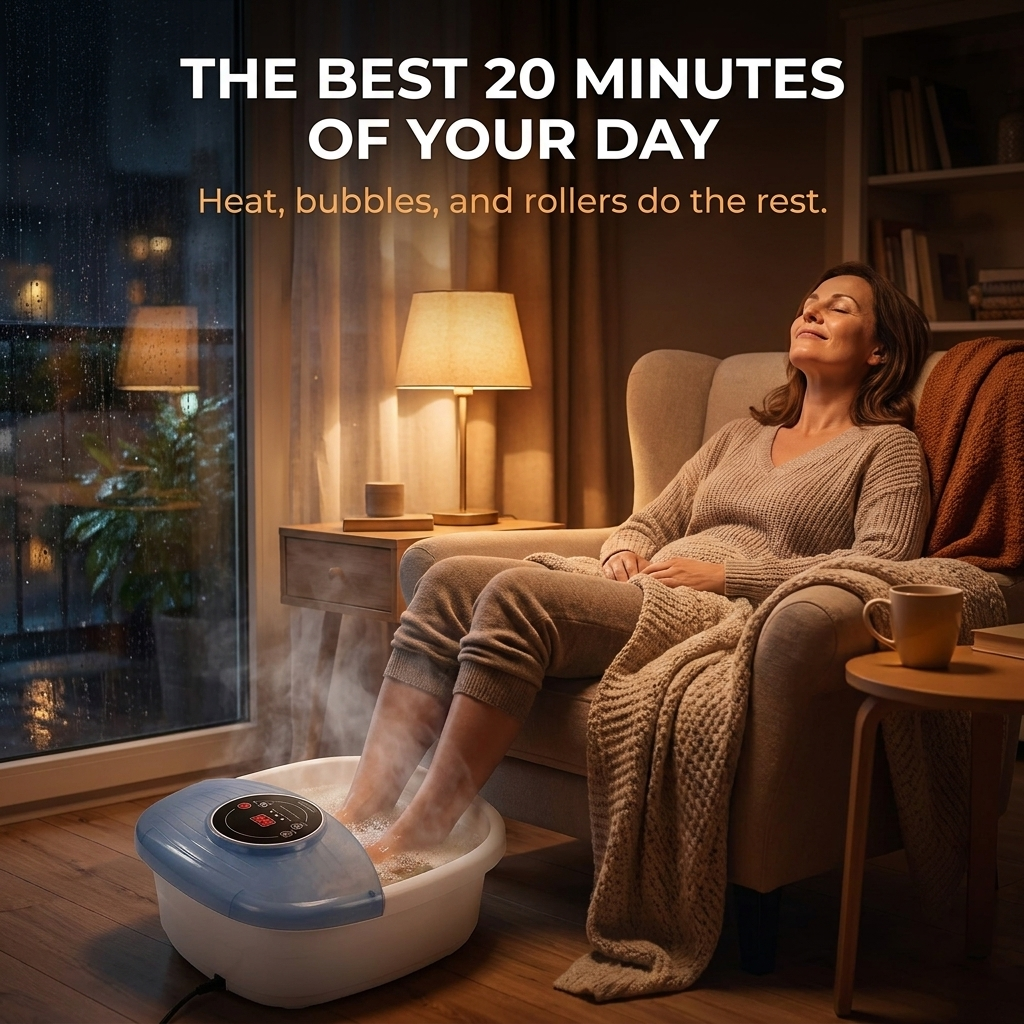 Lifestyle: relaxing in an armchair with feet soaking in the heated foot spa